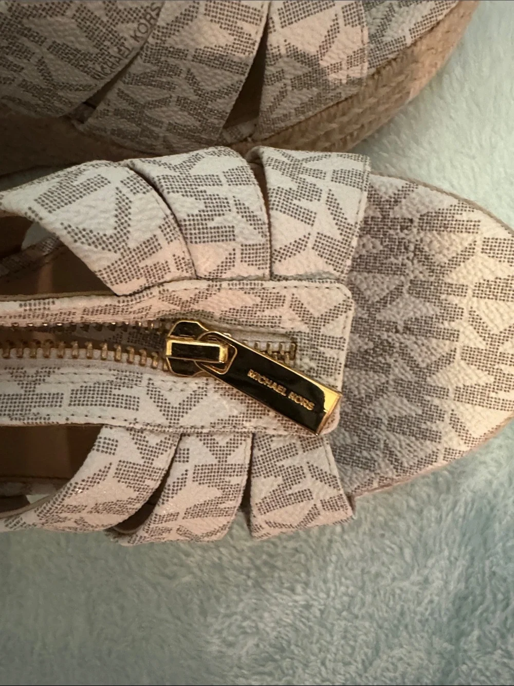 Michael Kors Beige/Pink Logo Slingback Wedge Sandals with Gold Zip Accent